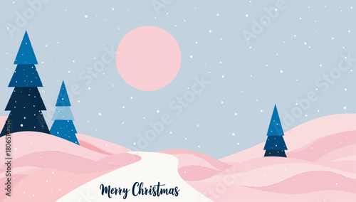 Winter landscape with pine trees and pink moon for holiday greeting card design