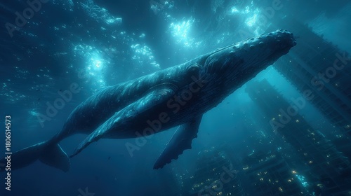 Humpback whale gliding through an underwater city in blue-toned shadows