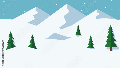 A serene winter landscape with snow covered mountains and evergreen trees in a minimalist style