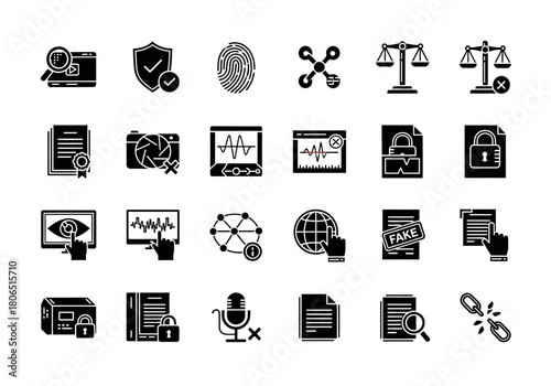 Cybersecurity and digital law solid glyph icon collection, illustrating concepts of online privacy and data protection