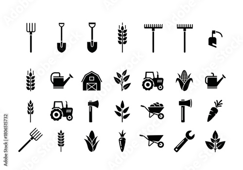 Solid black glyph icon set for farming and agriculture. Minimalist vector symbols of farm tools, crops, and equipment on a white background