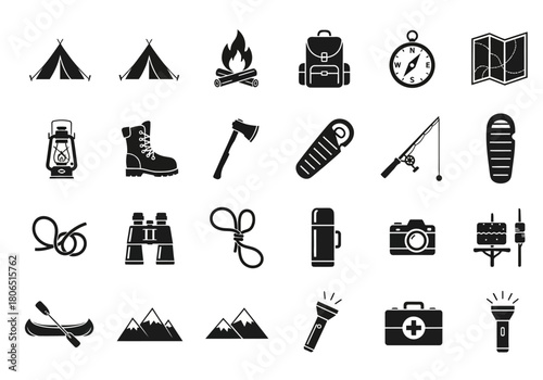 A comprehensive set of black glyph icons representing essential equipment for camping, hiking, and outdoor adventure