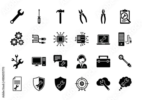 Set of monochrome glyph icons for computer repair, IT support, technical assistance, and system maintenance services