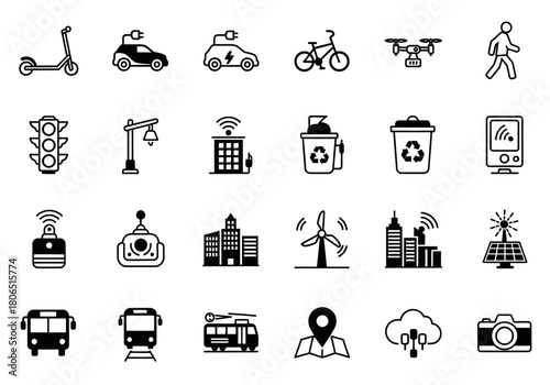 Glyph icon set of smart city technology, including electric transportation, renewable energy, and urban infrastructure symbols