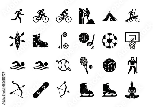 Minimalist vector icon set featuring a diverse collection of sports, fitness, and outdoor recreational activities