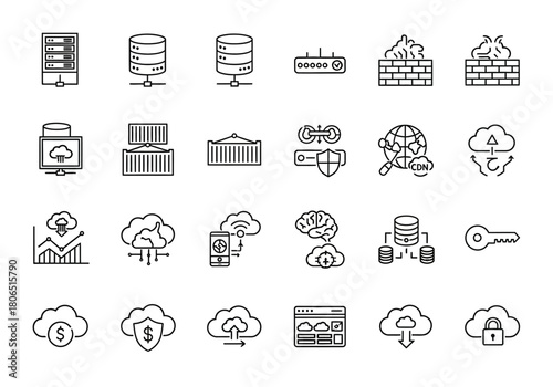 Cloud computing and data security minimal icon set. Thin line vector illustrations for server, database, hosting, and protection concepts