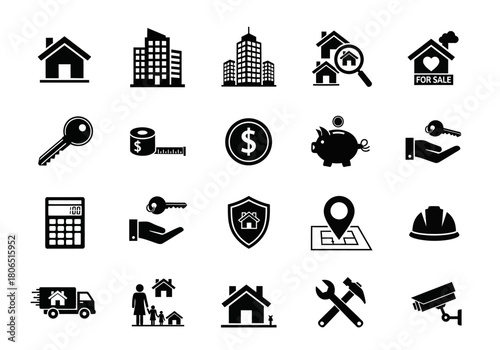 Real estate and property management glyph icon set for web and mobile applications, featuring symbols for housing, finance, and construction