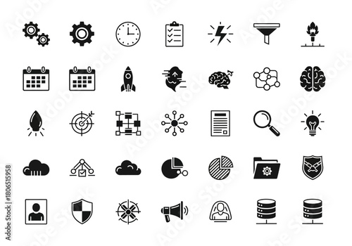 Minimal black glyph icon set for business strategy, data analysis, and technology concepts. Vector symbols for web and mobile