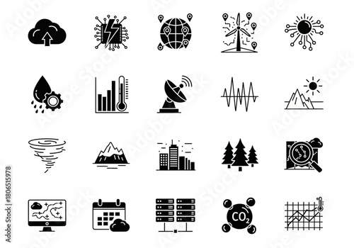 Minimal glyph icons for climate science, meteorology, environmental data, and weather technology concepts