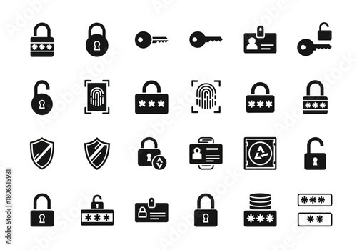Minimalist vector icon set for cyber security themes, featuring padlocks, access keys, and password authentication symbols