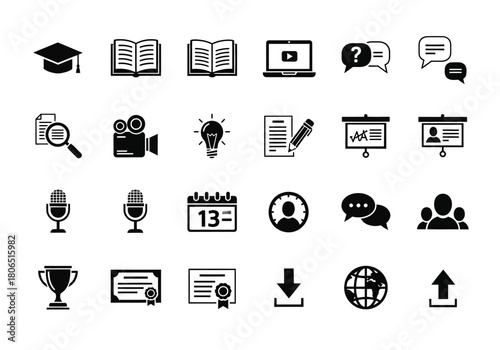 Collection of black glyph icons representing e-learning, digital education, online courses, and communication symbols