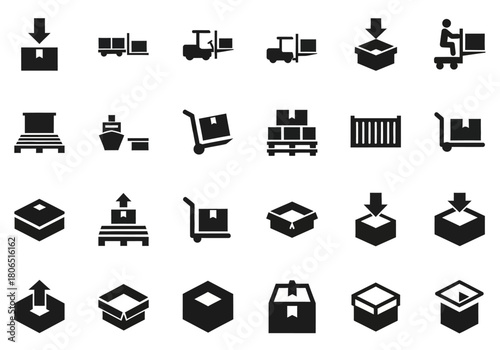 Minimalist glyph icon set for logistics, cargo shipping, freight transport, and warehouse services