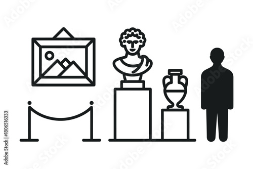 A visitor observes art and historical artifacts displayed in a museum setting.