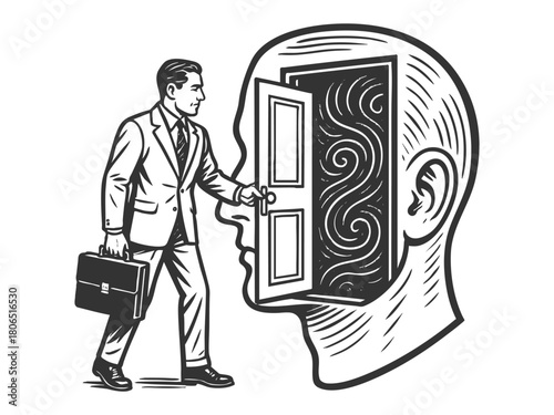 man opening a door labeled Subconscious inside a human head, inner exploration and psychology sketch engraving generative ai fictional character vector illustration. Scratch board. Black and white.