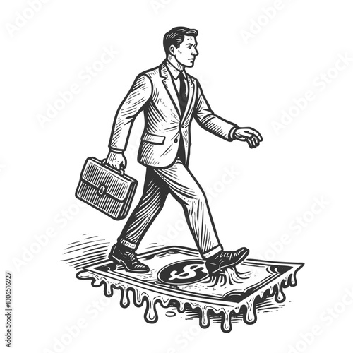 businessman confidently walking on a melting dollar bill sketch engraving generative ai fictional character vector illustration. Scratch board imitation. Black and white image.