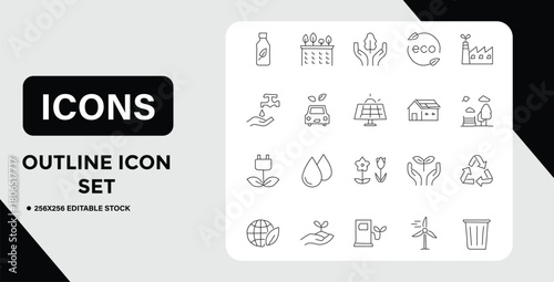 Outline Icon Set Environmental Sustainability Renewable Energy and Eco Friendly Practices