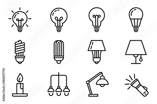 A collection of various light bulb and lighting fixture icons.
