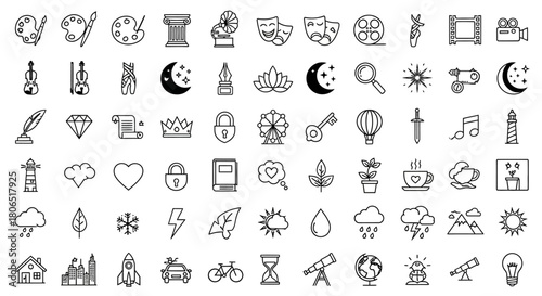 Diverse outline icon collection representing art, culture, science, and everyday life