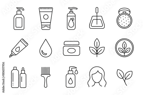 A collection of beauty and cosmetic product line art icons.