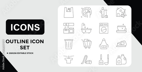Outline Icon Set Featuring Household Chores and Cleaning Related Activities