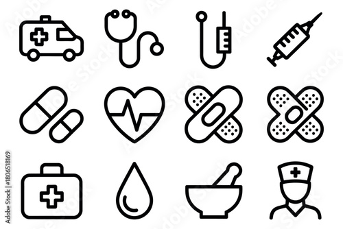 A collection of medical icons representing healthcare and science