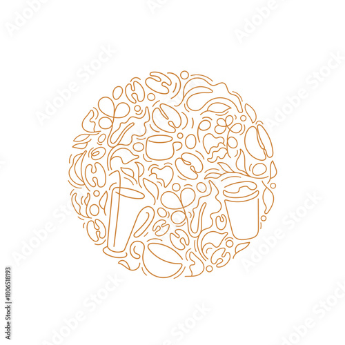 Coffee plant, bean. Art line circle graphic emblem