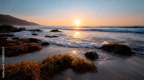 Fototapeta Naklejka Na Ścianę i Meble -  A serene sunset casts a golden glow over a rocky seaweed strewn beach with gentle waves lapping the shore