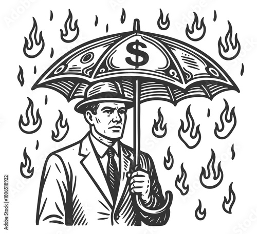 businessman with money umbrella while flames fall around him, financial risk, crisis protection, economic pressure sketch engraving generative ai vector illustration. Scratch board. Black and white.