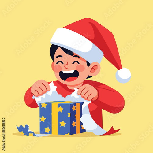 Excited child joyfully unwrapping Christmas presents with Santa hat on