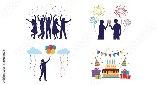 Celebration icons depict joyful moments with fireworks balloons and festive gatherings