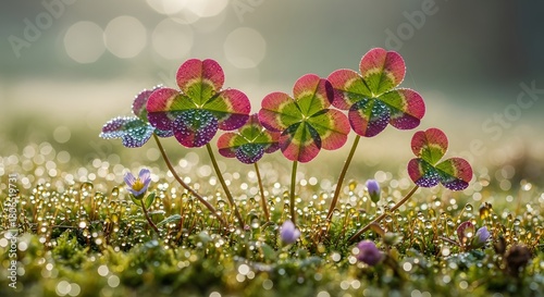 Colorful four-leaf clovers in shades of red and green covered in glistening dewdrops on a mossy ground. Good luck charm, delicate nature, and morning freshness concept.