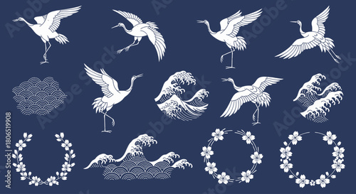 Japanese Sashiko and Kimono Vector Elements with Crane and Cherry Blossom Patterns