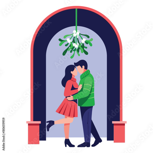 Romantic young couple kissing under mistletoe archway on holiday season