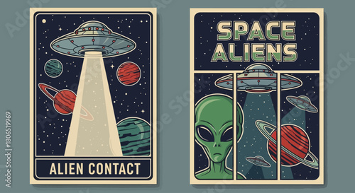 Retro Sci-Fi Alien Contact & Space Aliens Poster Set - Vintage UFO & Extraterrestrial Art