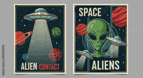 Retro Sci-Fi Alien Contact & Space Aliens Poster Set - Vintage UFO & Extraterrestrial Art