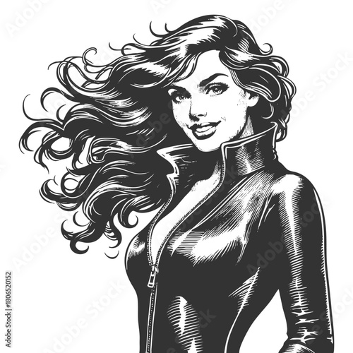 woman with wavy hair and zipped leather outfit sketch engraving generative ai fictional character vector illustration. Scratch board imitation. Black and white image.