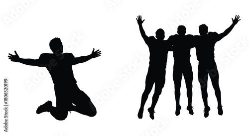 Silhouettes of joyful people jumping and celebrating with arms outstretched