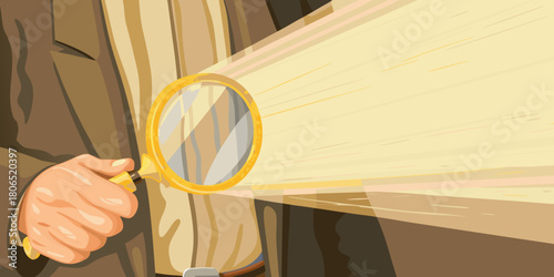 Man hand with magnifying glass. Yellow ray coming from loupe. Conducting check, information search and analysis concept. Spy, accountant, auditor job in abstract style. High quality photo.