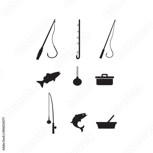 Fishing with rods, jumping fish, and tackle box vector.