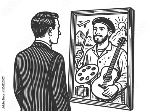 businessman looking into a mirror that reflects an artistic version of himself holding a guitar and paint palette sketch engraving generative ai vector illustration. Scratch board. Black and white.