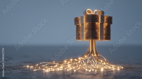 christmas future Gift box with glowing roots, symbolizing connection and creativity.