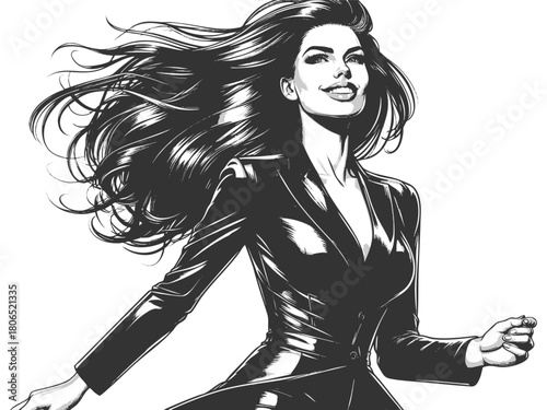 woman with wavy hair and zipped leather outfit sketch engraving generative ai fictional character vector illustration. Scratch board imitation. Black and white image.