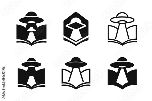 Sci-Fi Book Logos. Science fiction books. Icon set. Set Logo of sci-fi books: open book with UFO beam. harmonious logo variations of the same emblematic