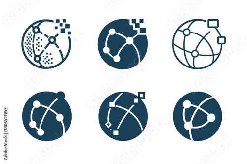 Digital Economy Logos. Digital economy. Set Logo of Digital economy: pixelated globe with nodes. harmonious logo variations of the same emblematic concept,