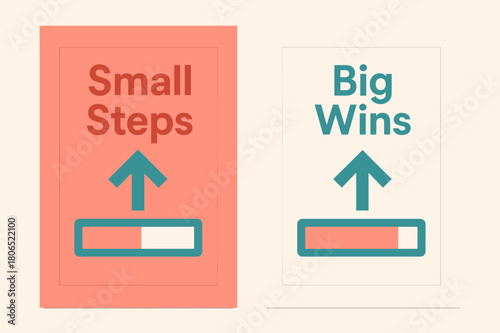 Progress Banners Design. Progress. Two vertical A6 banners with safe margins, centered composition, no elements touching edges, geometric, coral and teal,