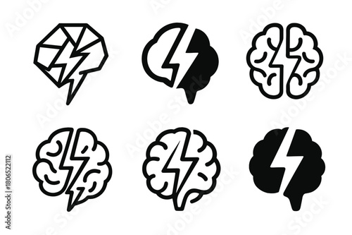Knowledge Challenge Logos. Knowledge challenge. Set Logo of Knowledge challenge: brain with lightning bolt. harmonious logo variations of the same emblematic