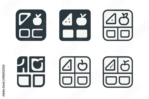 School Lunch Logos. Preparing school lunch. Icon set. Set Logo of preparing school lunch: reusable compartment container. harmonious logo variations of the