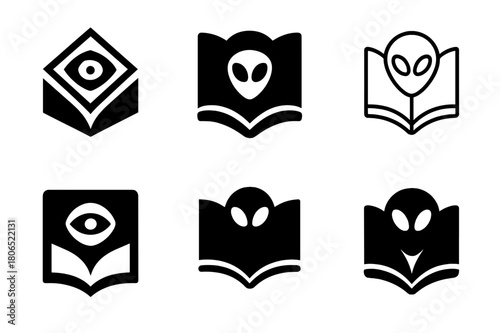 Sci-Fi Logo Variations. Science fiction books. Icon set. Set Logo of sci-fi books: alien eye emerging from book. harmonious logo variations of the same