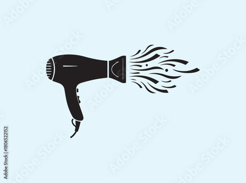 Hair Dryer Silhouette with Dynamic Airflow Lines Isolated on White
