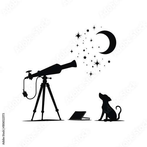 Dreamy dog stargazing with telescope under the moon's glow.